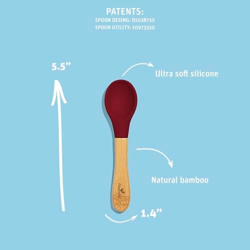 Close up view of the ergonomic short bamboo handle on the Avanchy infant spoon.