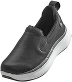 Side profile of Silvert's black supportive slip on shoes for elderly women.