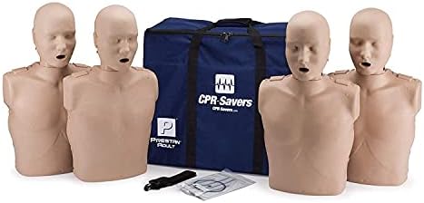 Four Prestan Adult Manikins with blue vests and CPR rate monitors for medical training.