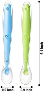 Ergonomic long handles of the non toxic baby feeding utensils arranged for toddler self feeding practice.