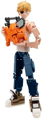 Assembled nine and a half inch articulated Denji action figure holding the small Pochita model block toy.