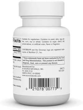 Source Naturals chromium picolinate supplement ingredients and daily dosage instructions label side view.