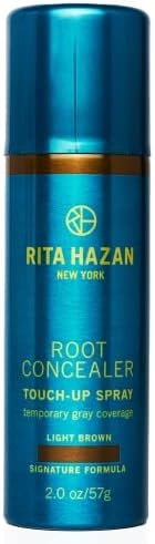 Rita Hazan temporary hair color spray highlighting the precise nozzle applicator for gray coverage.