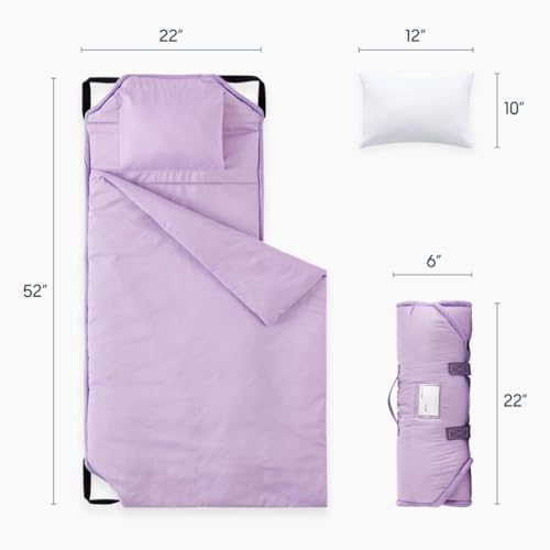 Wake In Cloud purple microfiber kids sleeping pad rolled up securely with handle for daycare transport