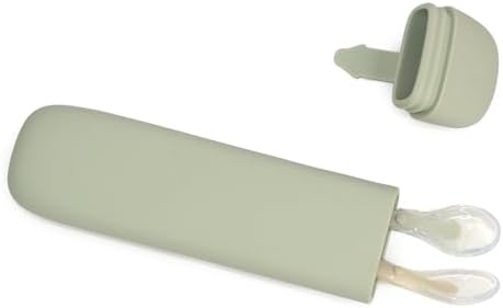 Close up of the soft flexible green tip on the Little Rawr infant self feeding training utensil showing its gentle texture.