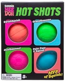 Four colorful mini textured stress balls arranged outside of their original product packaging