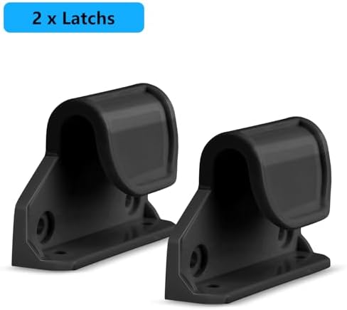 Close up of two black replacement brackets and two locking latches for mesh safety gates