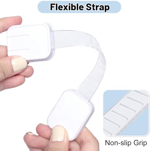 Adjustable white baby proofing strap lock close up