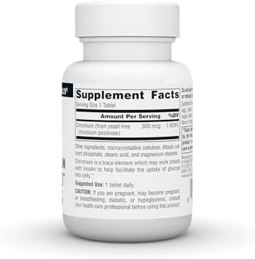 Source Naturals Chromium Picolinate 120 vegetarian tablets supplement facts and ingredient label details.