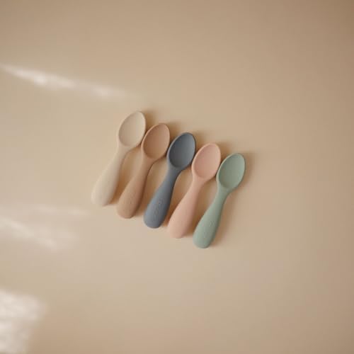 Mushie toddler starter spoons set in original packaging illustrating authentic imported baby dinnerware product