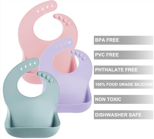 Close up of PandaEar waterproof baby bib showing the wide stay open food catcher pocket