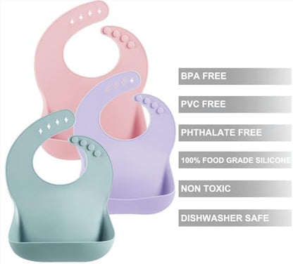 Close up of PandaEar waterproof baby bib showing the wide stay open food catcher pocket