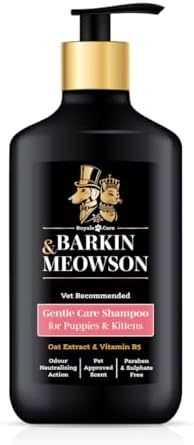 Barkin & Meowson puppy shampoo bottle showing oat extract and vitamin B5 formula details