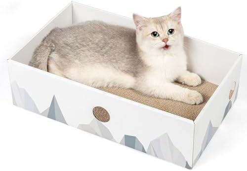 Conlun cat scratcher box angled view highlighting interactive side hole