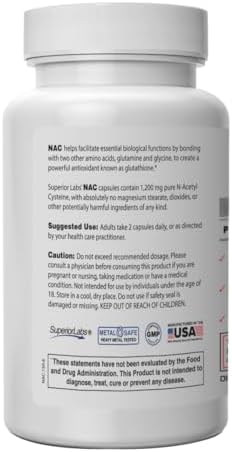 Back label of Superior Labs N Acetyl Cysteine showing clear supplement facts and selenium dosage information.