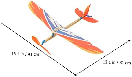 Five count rubber band powered aircraft models in various random color patterns laid out flat.