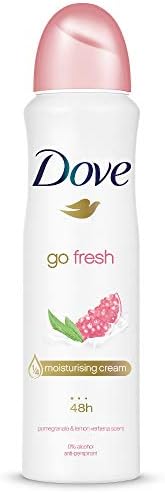 Imported Dove lemon verbena and pomegranate women body spray cans lined up