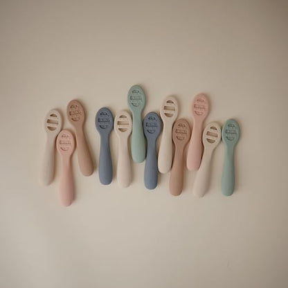 Mushie toddler learning spoons pack in authentic retail packaging