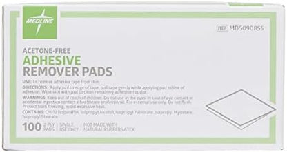 Textured 2-ply medical adhesive remover pad for painless tape residue removal.