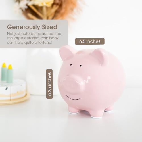 Side angle of Pearhead classic money bank in glossy pastel pink finish for kids