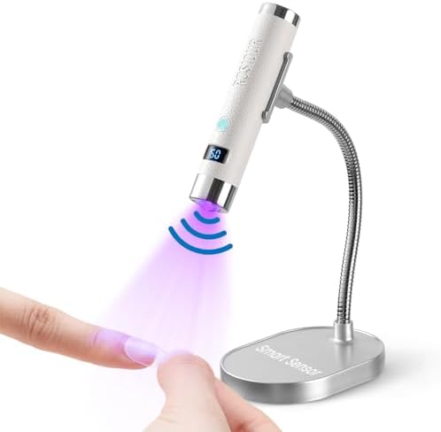 Rosiour portable handheld nail curing light detached from its stand for flexible close-up flash curing.