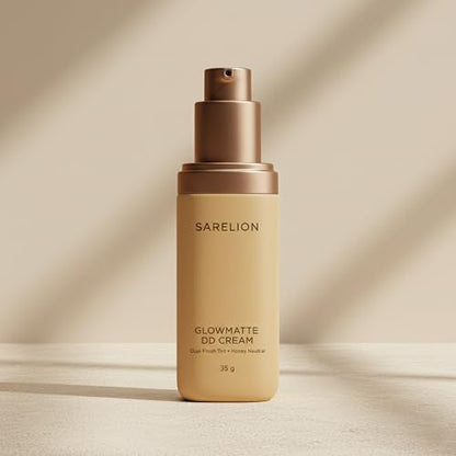 SARELION GlowMatte DD Cream in Honey Neutral shade swatched on a surface showcasing the smooth textured tinted glow cream.