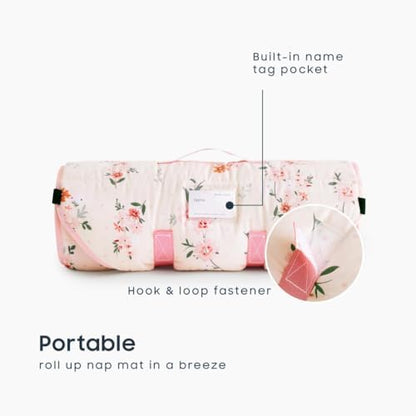 Wake In Cloud floral nap mat showing elastic corner straps for daycare cots