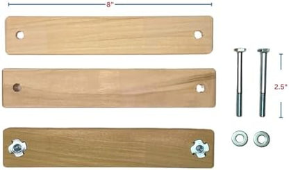 Unfinished poplar wood safety gate spindle mounting kit highlighting the adjustable heavy duty hardware bolts.