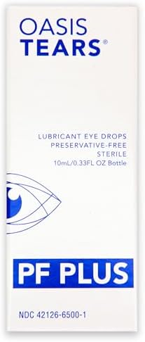 Oasis Tears Plus preservative-free lubricant eye drops packaging details.