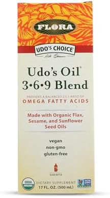 Organic Udo's Oil 3-6-9 Blend dark glass bottle showing certified organic seal.