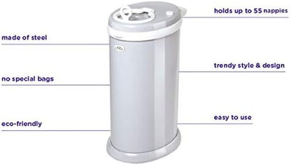 Side profile of Ubbi steel diaper bin in pink