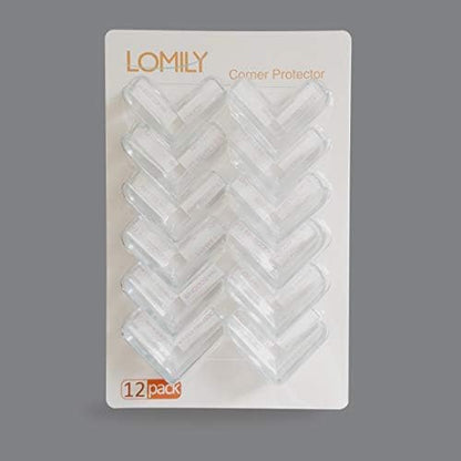 Transparent L-shaped furniture corner protector on a wooden table