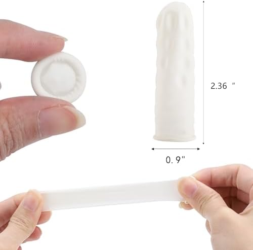 Disposable rubber fingertip gloves being rolled onto a finger smoothly