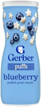 Gerber Puffs Banana flavor container showing star shaped cereal pieces