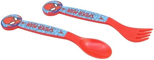 Toddler using Spiderman themed fork and spoon set for meals
