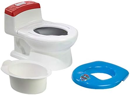 Toddler using Paw Patrol potty chair with flush button