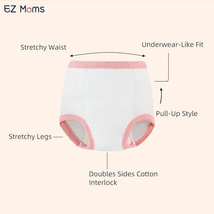 EZ Moms reusable toilet training pants for girls displayed with the included motivational sticker chart.