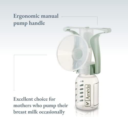 Ameda single hand handheld breast pump with attached 120 ml collection bottle.