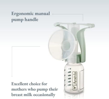 Ameda single hand handheld breast pump with attached 120 ml collection bottle.