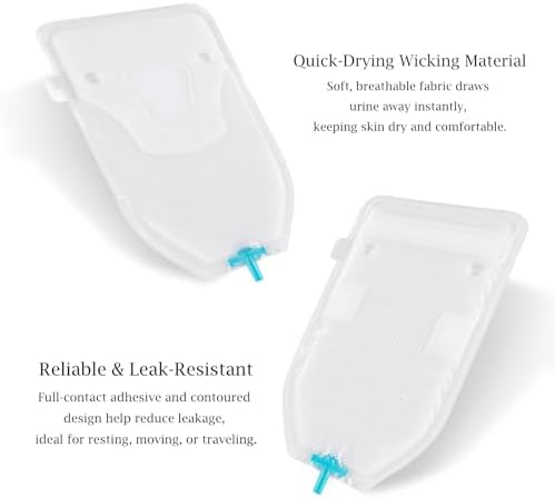 Close up view of the single use male external catheter highlighting the blue connection fitting and wicking fabric.
