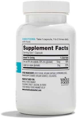 365 By Whole Foods Market Chelated Zinc Plus Copper dietary supplement nutrition facts label