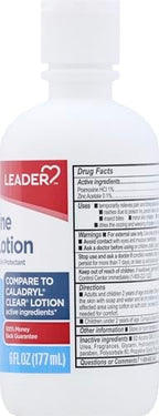 Leader clear calamine lotion external analgesic packaging showing active ingredients for skin protection