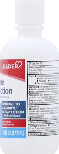 Leader clear calamine lotion external analgesic packaging showing active ingredients for skin protection
