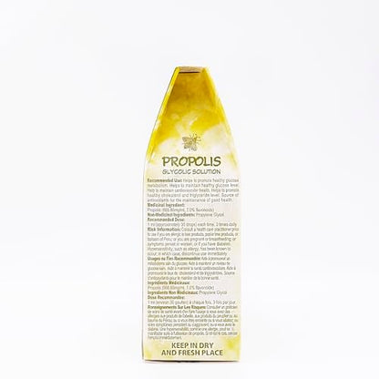 Side angle view of Apiario Silvestre non alcoholic wax free propolis health supplement.