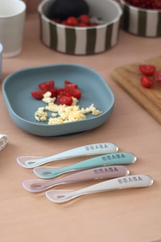 Béaba sage silicone baby spoons showing ergonomic wide handles for easy grip