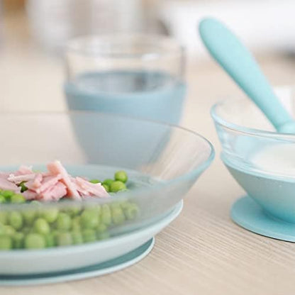 Beaba 3-piece glass dinnerware set including cup with silicone grip