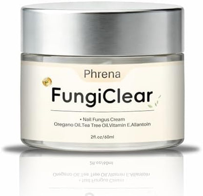 Phrena nail care cream showing natural tea tree and oregano oil ingredients.