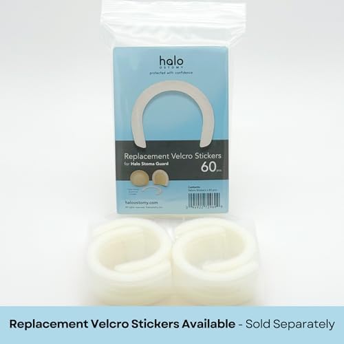 Authentic Halo Ostomy security shield being applied to an ileostomy pouch for impact resistance.