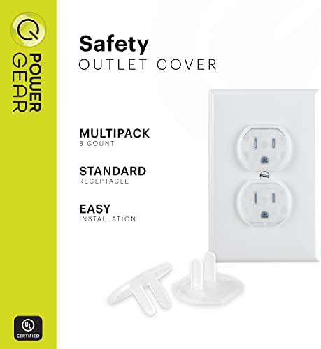 Power Gear baby proofing plug covers installed on white wall socket
