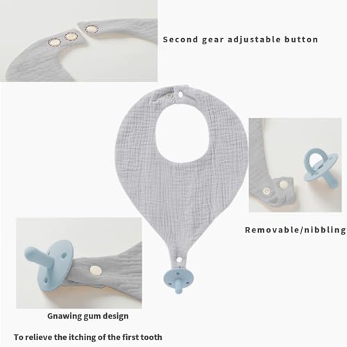 Close up of food grade silicone teether attached to baby bib